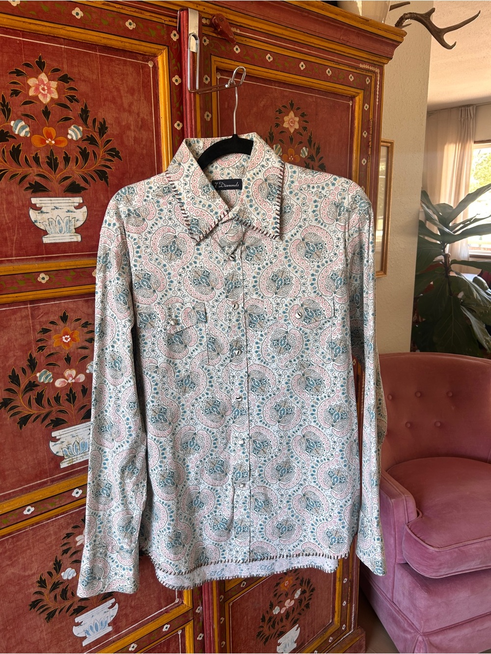 7 Diamonds Blue and Brown Paisley Pearl Snap Western Button-Down Shirt